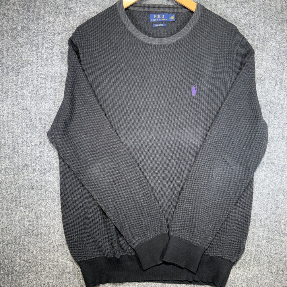 Polo Ralph Lauren Pima Cotton Sweater Mens Large Grey Purple Pony Textured Knit